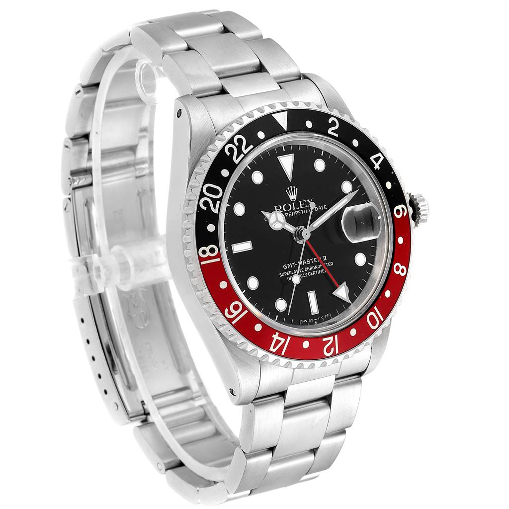 The Rolex GMT-Master 16710 Men's Stainless Steel Black Dial 16710 Men's Stainless Steel Black Dial watch is shown from an angled front view, displaying the face, bezel, crown, and bracelet.