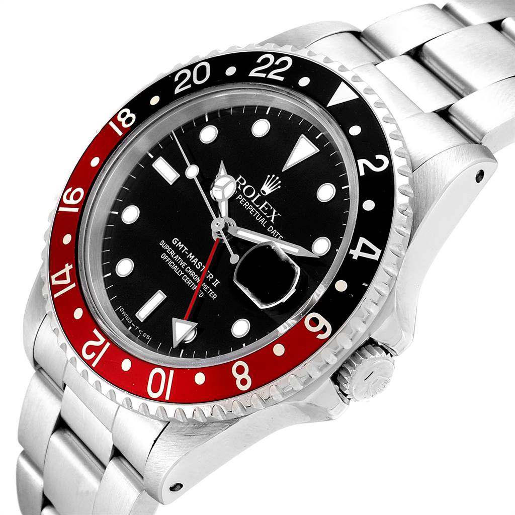 This image shows a Rolex GMT-Master 16710 Men's Stainless Steel Black Dial 16710 Men's Stainless Steel Black Dial watch at an angled view, focusing on the dial, bezel, and part of the bracelet.