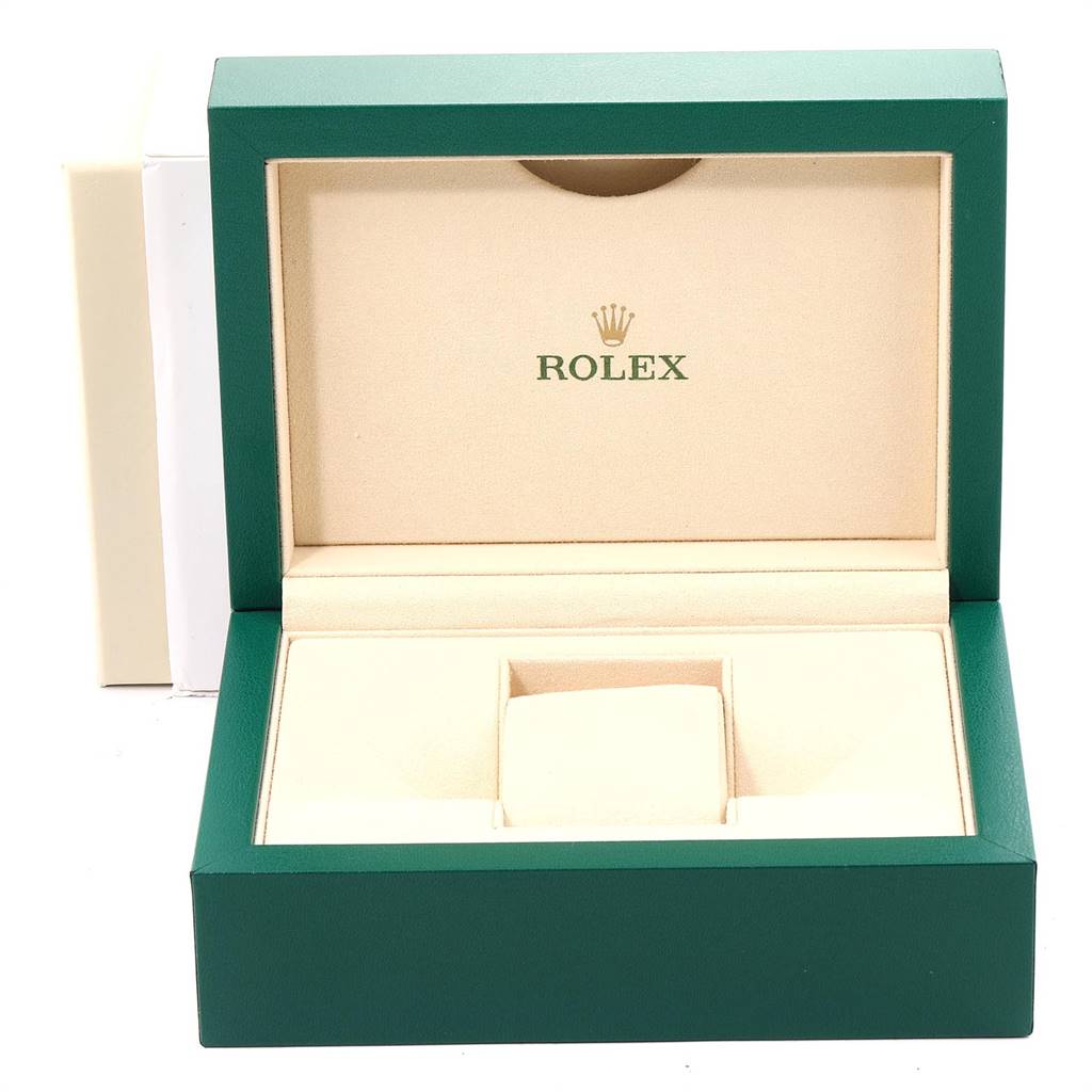 The image shows an open Rolex GMT-Master 116710 Men's Stainless Steel Black Dial 116710 Men's Stainless Steel Black Dial watch box with beige interior and green exterior, displaying the Rolex logo inside the lid.