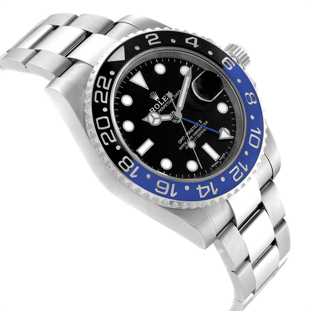 The image shows a Rolex GMT-Master 116710 Men's Stainless Steel Black Dial 116710 Men's Stainless Steel Black Dial watch at a slight angle, highlighting the bezel, black dial, and stainless steel bracelet.