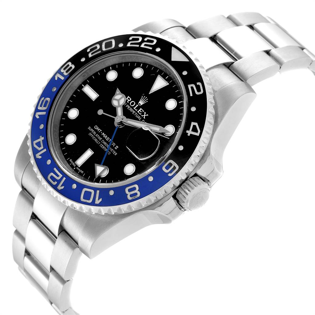 The image shows a close-up angled view of the Rolex GMT-Master 116710 Men's Stainless Steel Black Dial 116710 Men's Stainless Steel Black Dial watch, highlighting the bezel, dial, crown, and part of the bracelet.