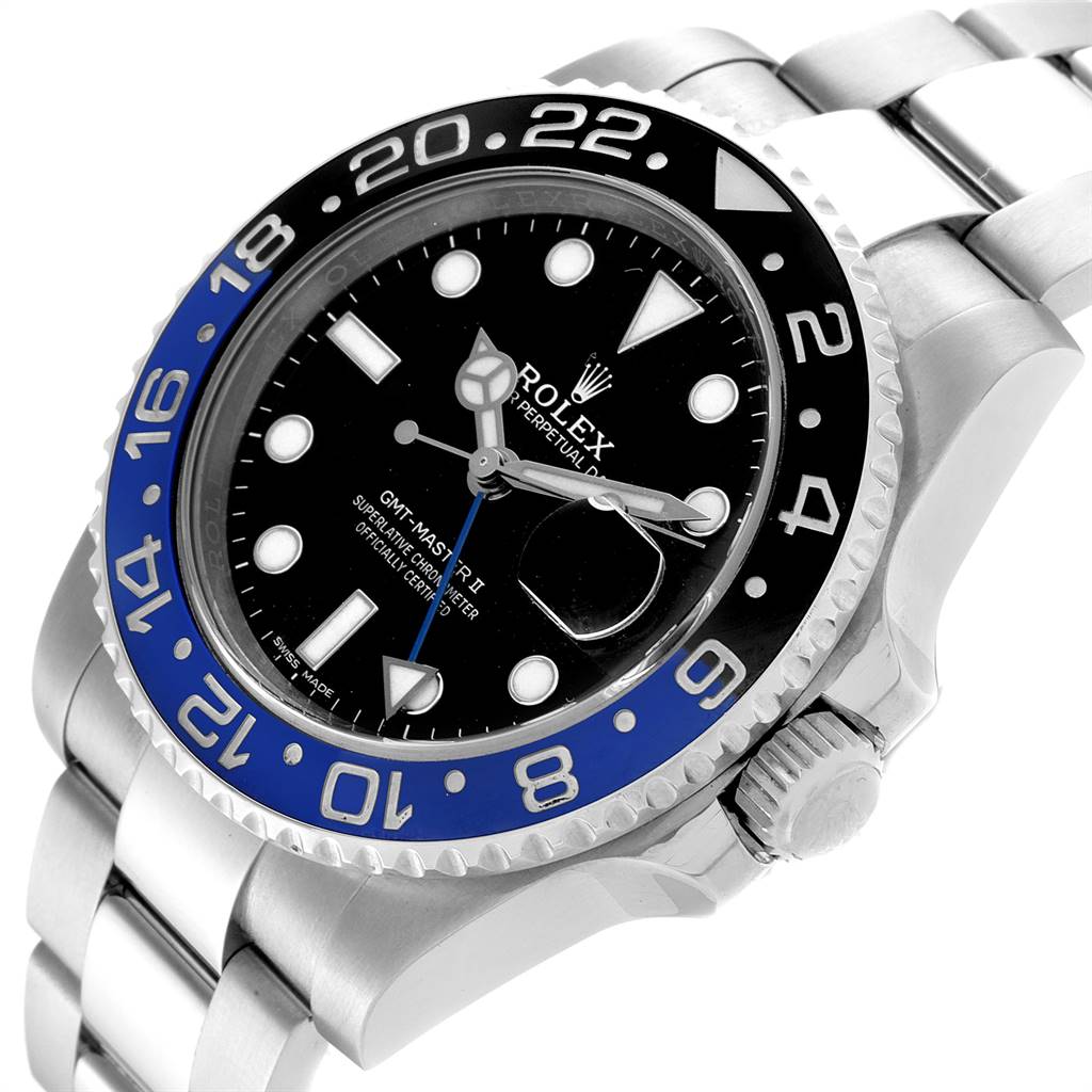 The Rolex GMT-Master 116710 Men's Stainless Steel Black Dial 116710 Men's Stainless Steel Black Dial watch is shown from a slightly angled perspective, highlighting the bezel, dial, and bracelet.
