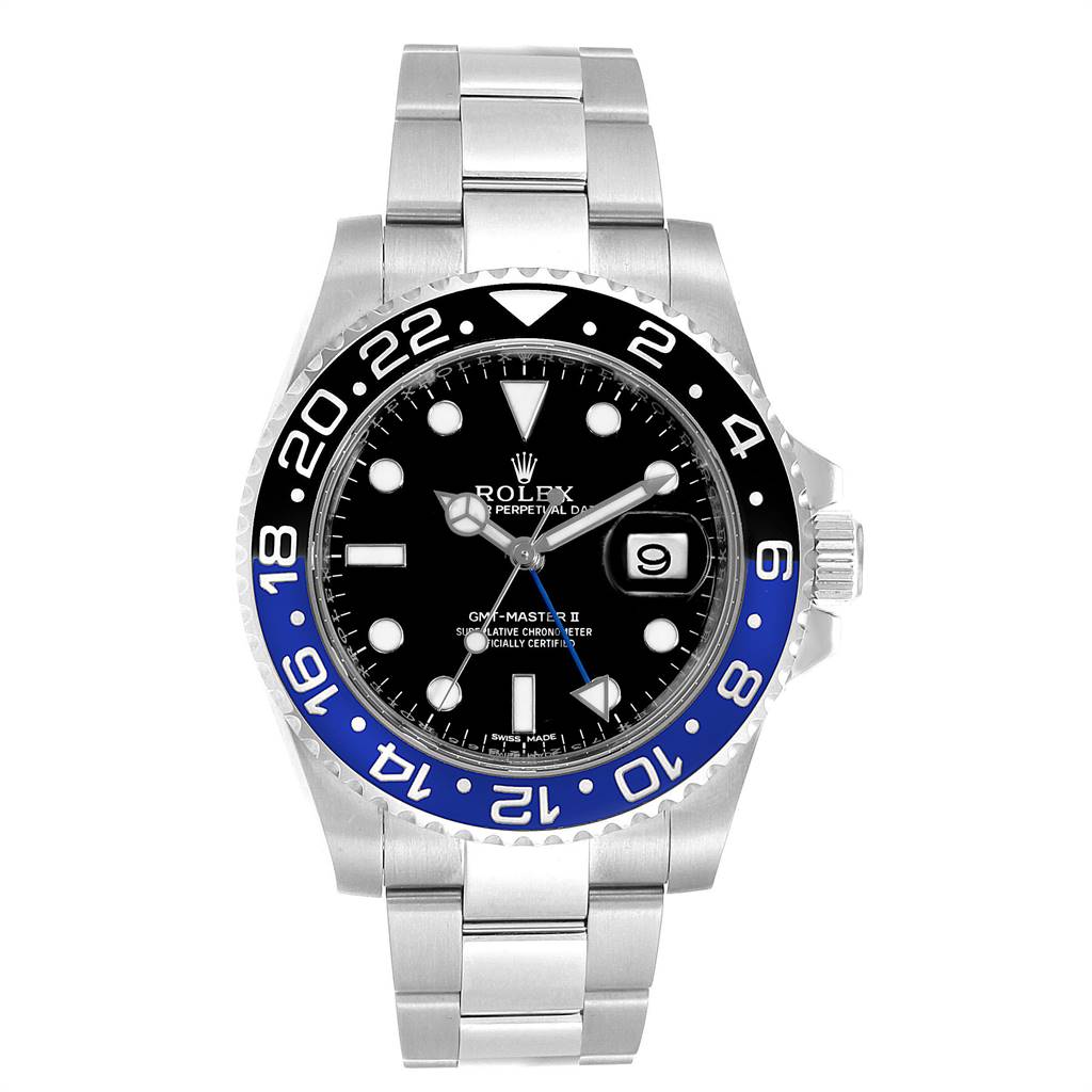 This is a frontal view of a Rolex GMT-Master 116710 Men's Stainless Steel Black Dial 116710 Men's Stainless Steel Black Dial II watch showcasing its dial, bezel, and bracelet.