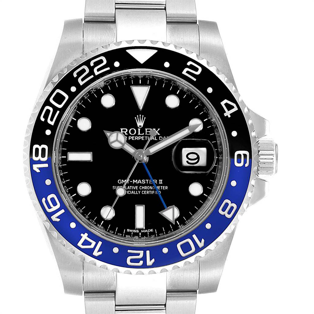 The image shows a front view of the Rolex GMT-Master 116710 Men's Stainless Steel Black Dial 116710 Men's Stainless Steel Black Dial II watch, highlighting its bezel, dial, and bracelet.