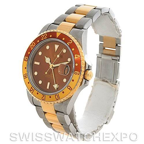 The image shows a Rolex GMT-Master 16713 Men's Stainless Steel Brown Dial 16713 Men's Stainless Steel Brown Dial, angled to reveal the bezel, watch face, bracelet, crown, and clasp.