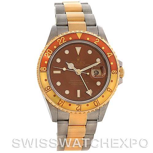 This image shows a front view of a Rolex GMT-Master 16713 Men's Stainless Steel Brown Dial 16713 Men's Stainless Steel Brown Dial watch with a brown dial and a two-tone bracelet.