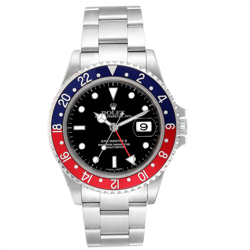 The image shows a Rolex GMT-Master 16710 Men's Stainless Steel Black Dial 16710 Men's Stainless Steel Black Dial II watch from a front angle, displaying its face, bezel, and bracelet.