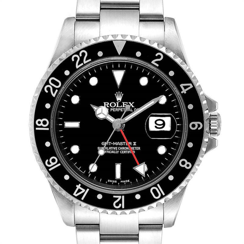 Rolex GMT Master II Black Bezel Red Hand Mens Watch 16710 Box SwissWatchExpo