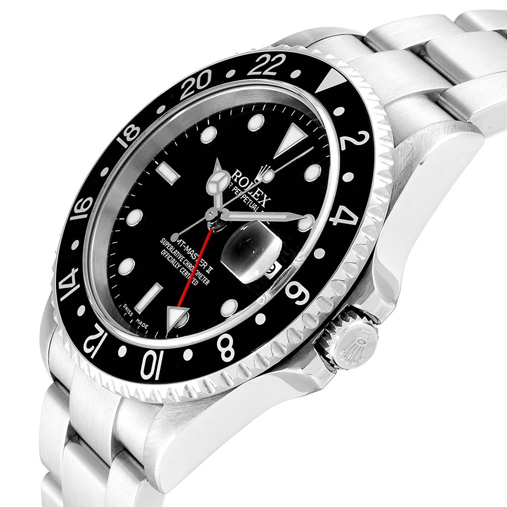 The image shows a Rolex GMT-Master 16710 Men's Stainless Steel Black Dial 16710 Men's Stainless Steel Black Dial II watch in a three-quarter view, highlighting its bezel, dial, bracelet, and crown.