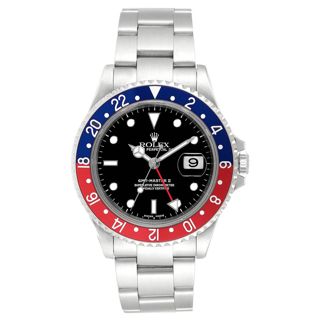 This image shows a frontal view of a Rolex GMT-Master 16710 Men's Stainless Steel Black Dial 16710 Men's Stainless Steel Black Dial watch, featuring its bezel, dial, and bracelet.