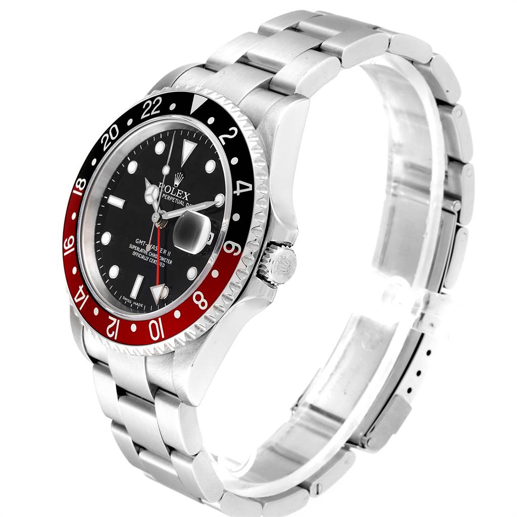 The Rolex GMT-Master 16710 Men's Stainless Steel Black Dial 16710 Men's Stainless Steel Black Dial watch is shown at an angle highlighting the dial, bezel, crown, and bracelet.