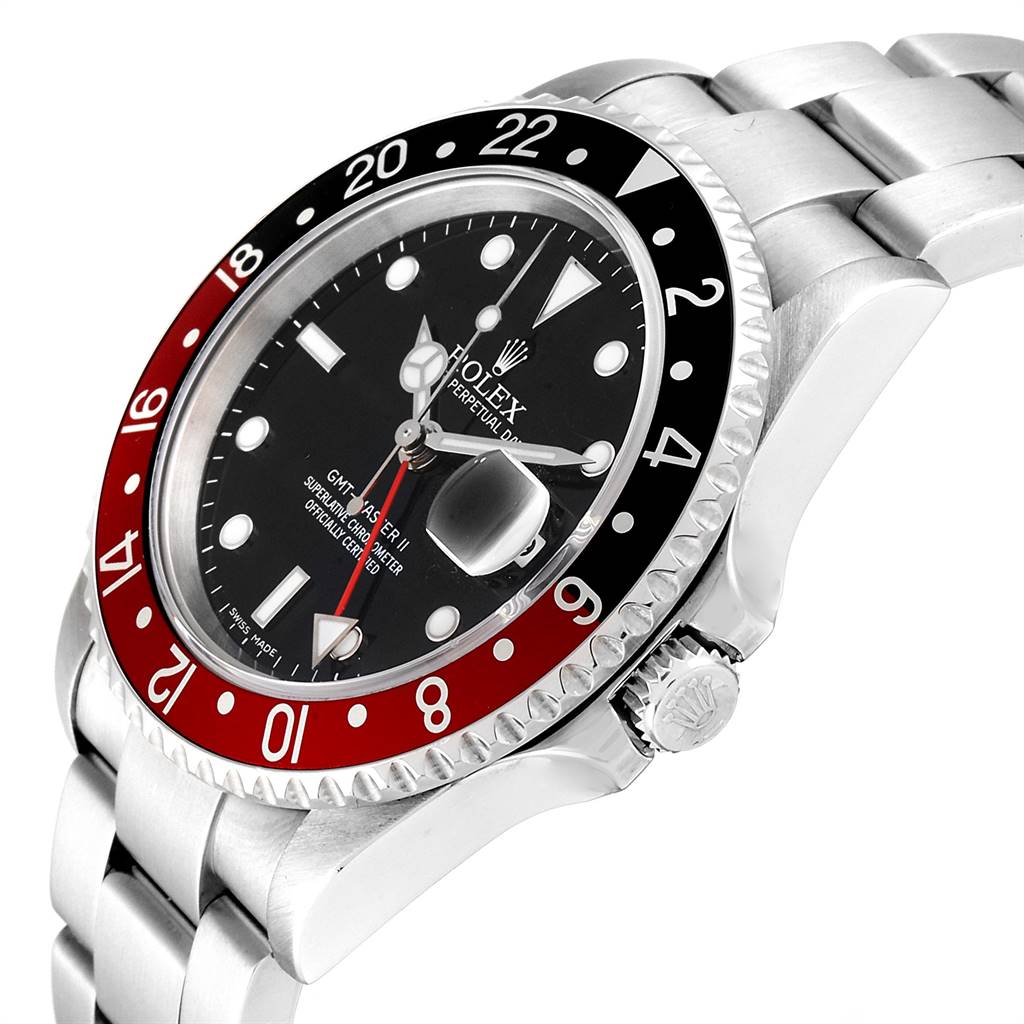 This image shows a Rolex GMT-Master 16710 Men's Stainless Steel Black Dial 16710 Men's Stainless Steel Black Dial watch at an angle, highlighting the bezel, dial, crown, and partial bracelet.
