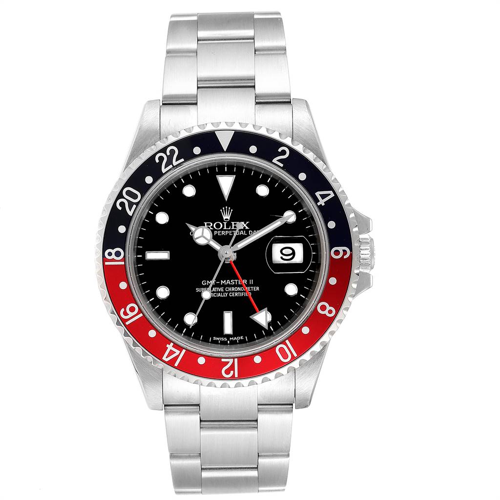 This image shows a front view of a Rolex GMT-Master 16710 Men's Stainless Steel Black Dial 16710 Men's Stainless Steel Black Dial II watch, displaying the bezel, dial, date window, and bracelet.