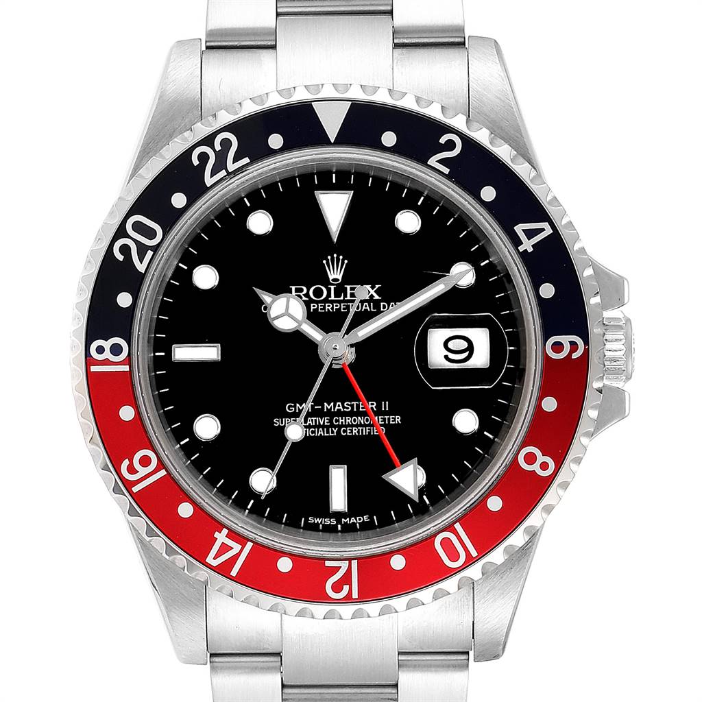 The image shows a front view of a Rolex GMT-Master 16710 Men's Stainless Steel Black Dial 16710 Men's Stainless Steel Black Dial II watch featuring its dial, bezel, and part of the bracelet.
