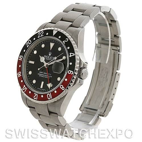 This image shows a Rolex GMT-Master 16710 Men's Stainless Steel Black Dial 16710 Men's Stainless Steel Black Dial watch at a three-quarters angle, highlighting the dial, bezel, case, and bracelet clasp.