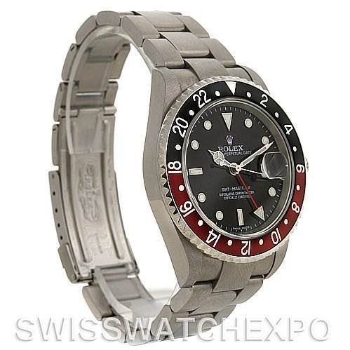 This image shows a Rolex GMT-Master 16710 Men's Stainless Steel Black Dial 16710 Men's Stainless Steel Black Dial watch at an angle displaying the face, bezel, and partially opened oyster bracelet.