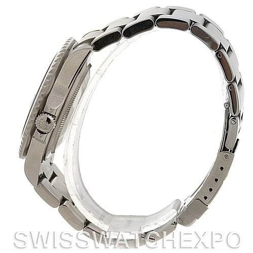 This image shows a side view of a Rolex GMT-Master 16710 Men's Stainless Steel Black Dial 16710 Men's Stainless Steel Black Dial watch, highlighting the case, crown, bezel, and bracelet.