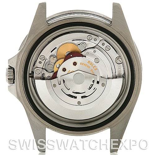 The image shows the back view of a Rolex GMT-Master 16710 Men's Stainless Steel Black Dial 16710 Men's Stainless Steel Black Dial watch, exposing its movement and internal mechanism.