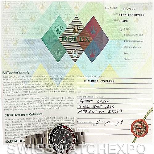 The image shows a Rolex GMT-Master 16710 Men's Stainless Steel Black Dial 16710 Men's Stainless Steel Black Dial watch and its certification paperwork, featuring a black dial and a two-tone bezel.
