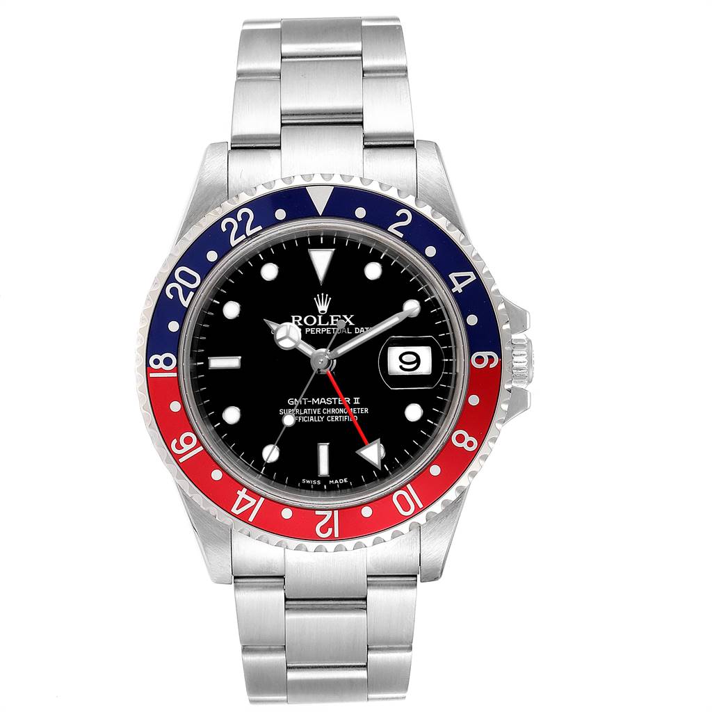 This Rolex GMT-Master 16710 Men's Stainless Steel Black Dial 16710 Men's Stainless Steel Black Dial II watch is shown from the front, displaying the dial, bezel, case, and part of the bracelet.