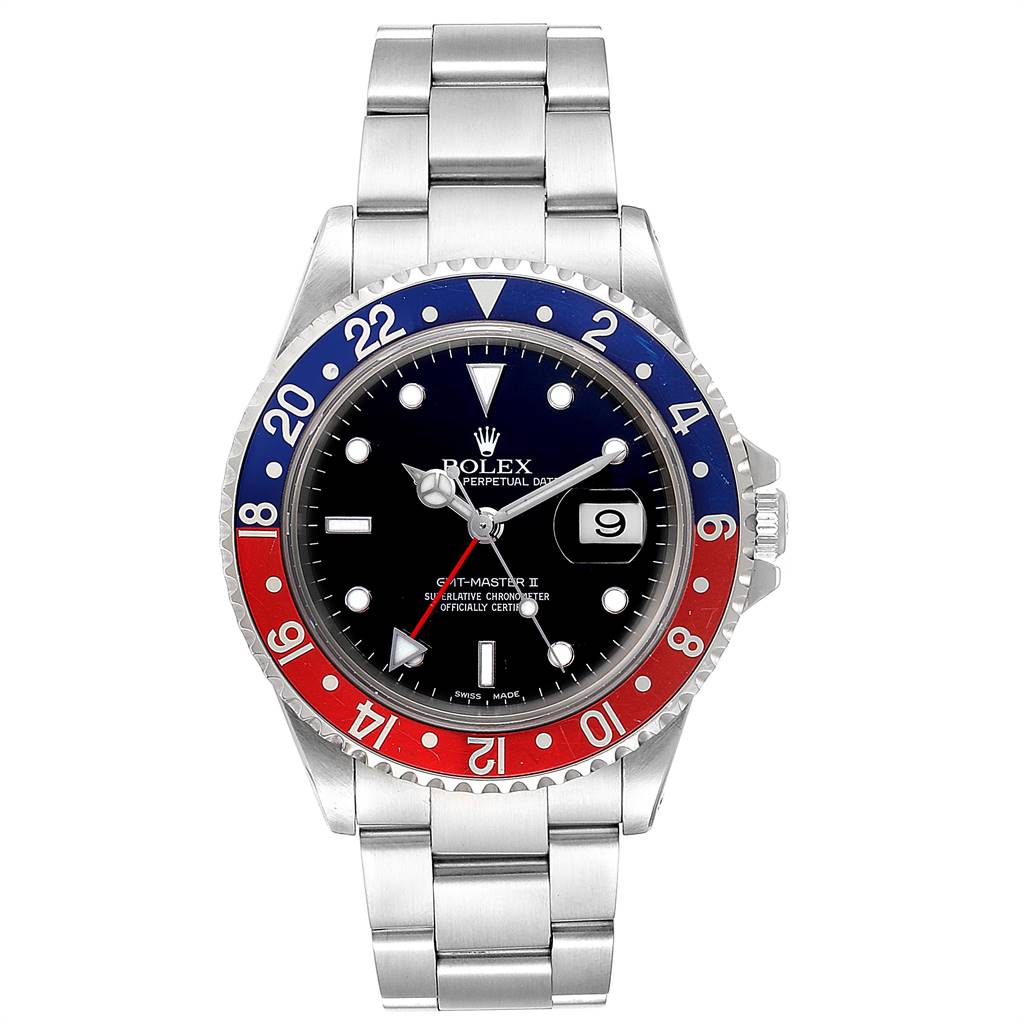The Rolex GMT-Master 16710 Men
s Stainless Steel Black Dial 16710 Men
s Stainless Steel Black Dial watch is shown from the front, displaying the bezel, dial, hands, date, and bracelet.