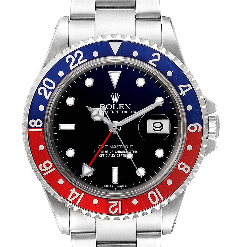 The image shows a front view of a Rolex GMT-Master 16710 Men
s Stainless Steel Black Dial 16710 Men
s Stainless Steel Black Dial II watch with a bezel featuring red and blue segments.