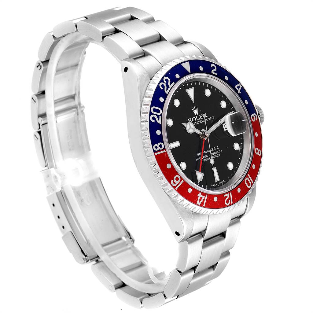 The image shows a side-angle view of a Rolex GMT-Master 16710 Men
s Stainless Steel Black Dial 16710 Men
s Stainless Steel Black Dial watch, highlighting its bezel, dial, and bracelet.