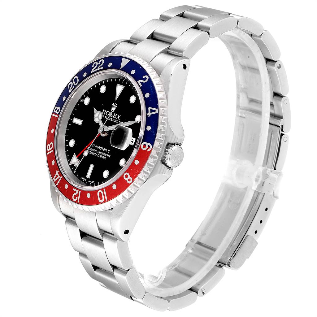The image shows a side angle of the Rolex GMT-Master 16710 Men
s Stainless Steel Black Dial 16710 Men
s Stainless Steel Black Dial watch, highlighting the bezel, dial, and bracelet.