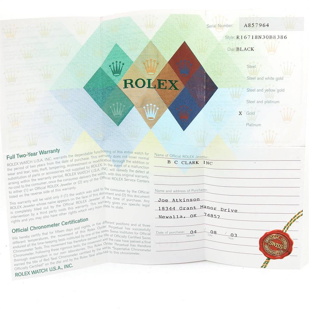 The image shows a warranty certificate for the Rolex GMT-Master 16718 Men's Yellow Gold Black Dial 16718 Men's Yellow Gold Black Dial model with serial number and purchase details.