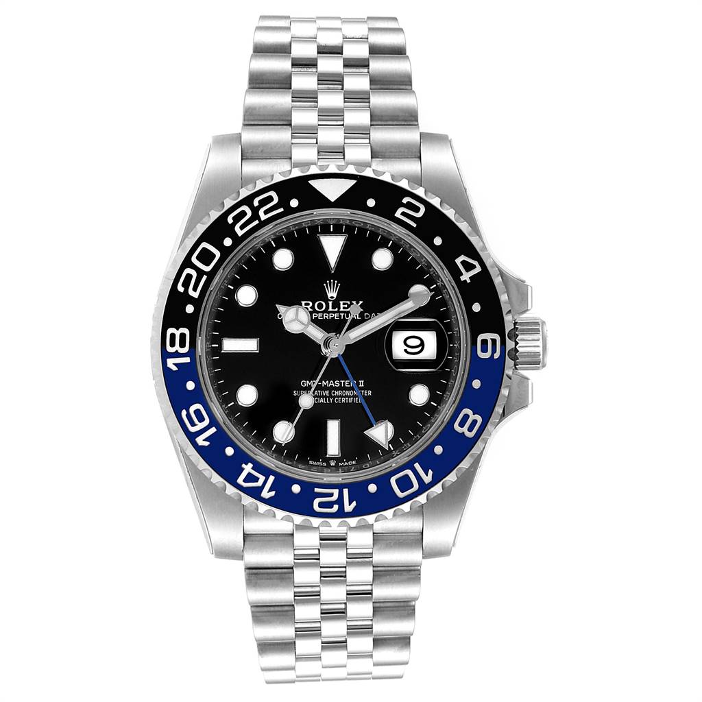 This image shows a frontal view of the Rolex GMT-Master 126710 Men's Stainless Steel Black Dial 126710 Men's Stainless Steel Black Dial watch, including its face, bezel, hands, and part of the bracelet.