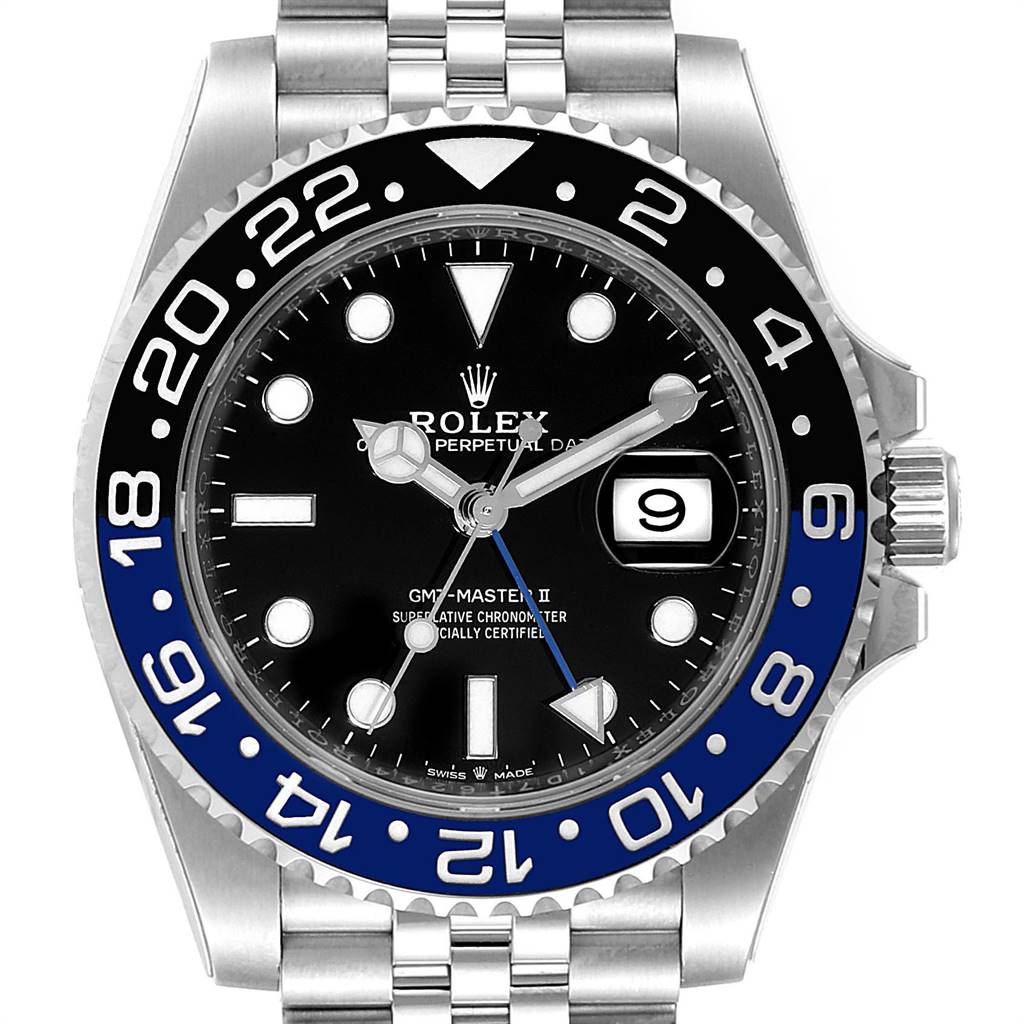 This image shows a front view of a Rolex GMT-Master 126710 Men's Stainless Steel Black Dial 126710 Men's Stainless Steel Black Dial II watch, highlighting its bezel, dial, and bracelet.