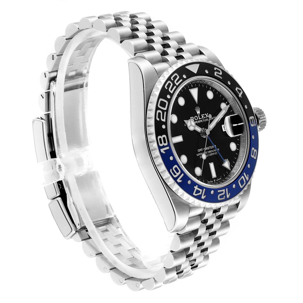 The image shows a side angle of the Rolex GMT-Master 126710 Men's Stainless Steel Black Dial 126710 Men's Stainless Steel Black Dial watch, highlighting its bezel, dial, and jubilee bracelet.