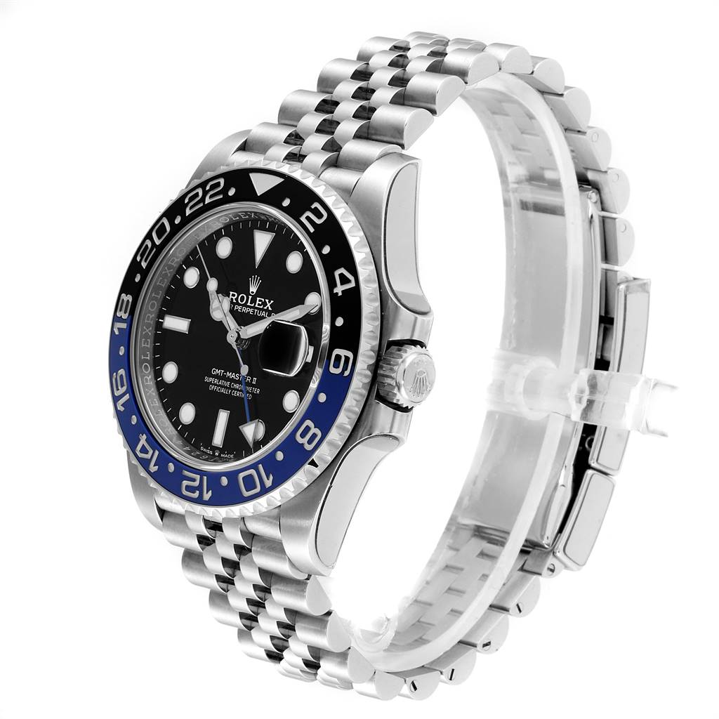 The Rolex GMT-Master 126710 Men's Stainless Steel Black Dial 126710 Men's Stainless Steel Black Dial watch is shown from a side angle, displaying its bezel, dial, crown, and Jubilee bracelet.