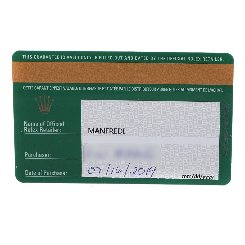 The image shows the warranty card for the Rolex GMT-Master 126710 Men's Stainless Steel Black Dial 126710 Men's Stainless Steel Black Dial model from an official retailer.