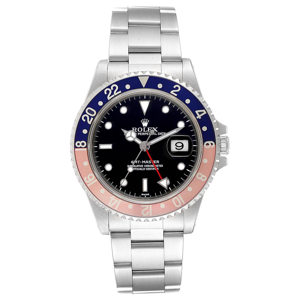 This image shows a front view of a Rolex GMT-Master 16700 Men's Stainless Steel Black Dial 16700 Men's Stainless Steel Black Dial watch, highlighting the bezel, dial, and bracelet.