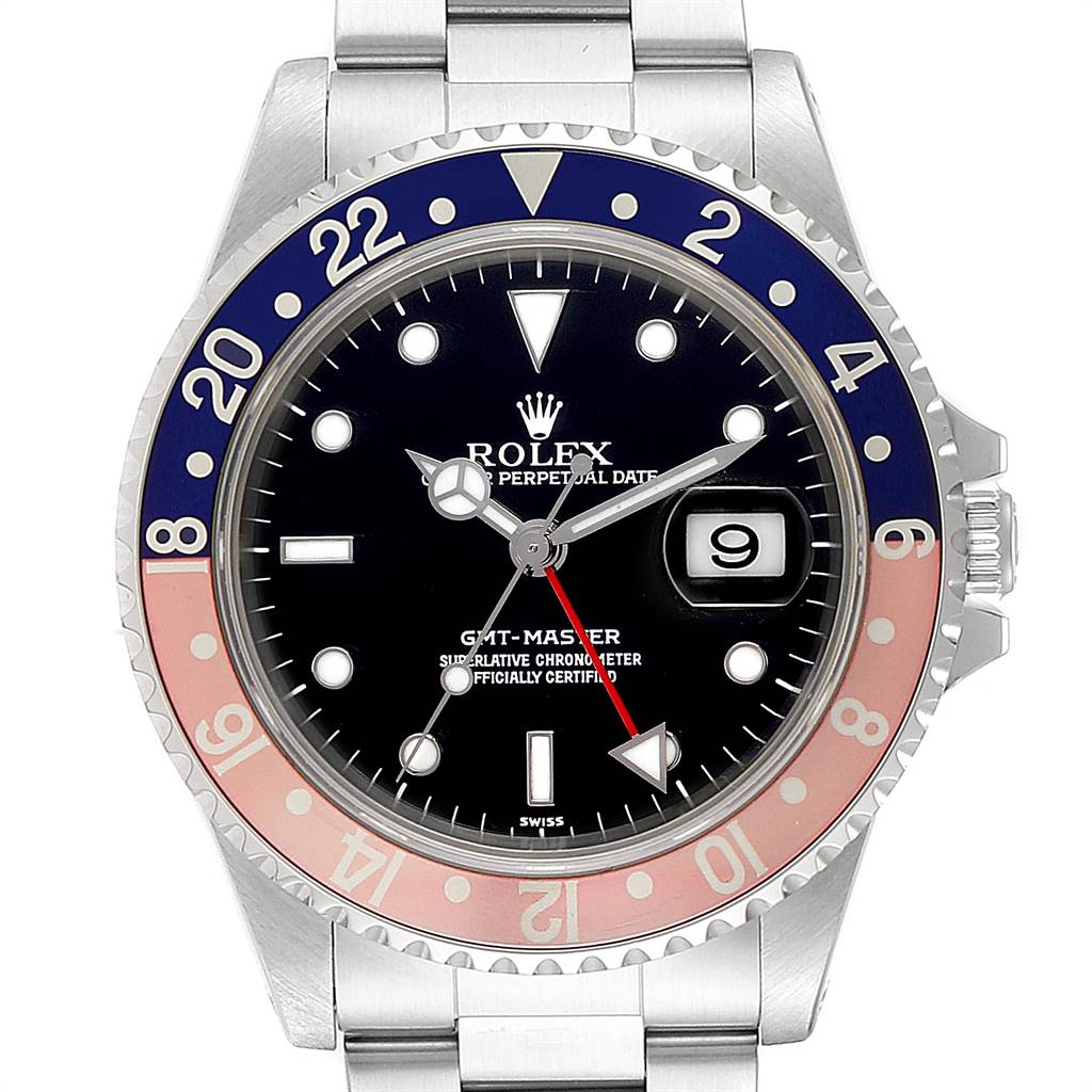 This image shows a front view of the Rolex GMT-Master 16700 Men's Stainless Steel Black Dial 16700 Men's Stainless Steel Black Dial watch, displaying the bezel, dial, hands, date, and part of the bracelet.