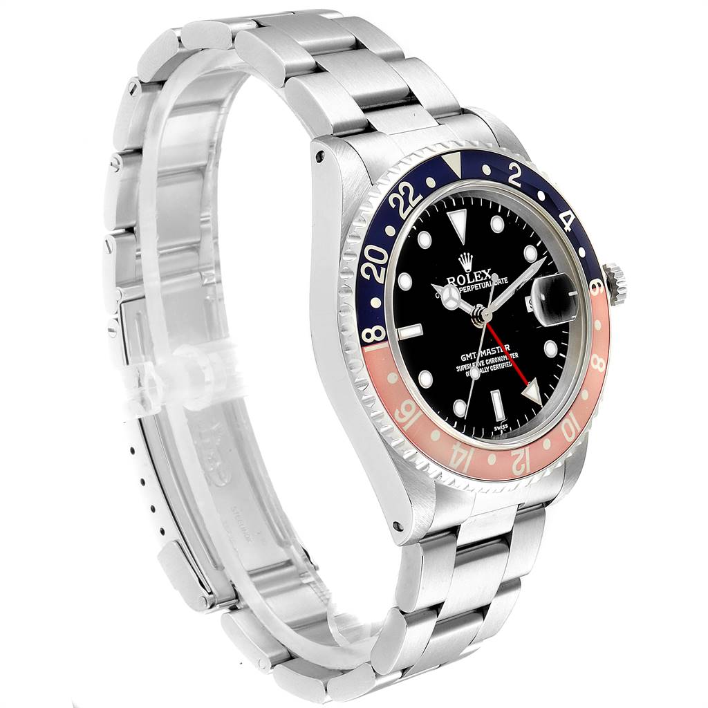 The Rolex GMT-Master 16700 Men's Stainless Steel Black Dial 16700 Men's Stainless Steel Black Dial watch is shown from an angled front view, highlighting the face, bezel, and bracelet.