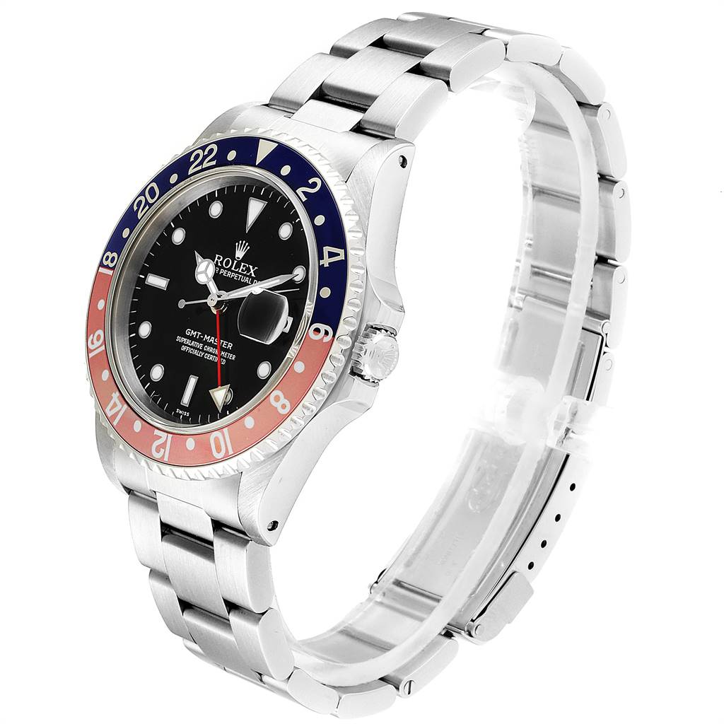 The Rolex GMT-Master 16700 Men's Stainless Steel Black Dial 16700 Men's Stainless Steel Black Dial watch is shown from a three-quarter angle, displaying the face, bezel, and part of the bracelet.