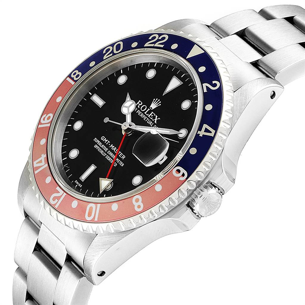 This image shows a side and partial top view of a Rolex GMT-Master 16700 Men's Stainless Steel Black Dial 16700 Men's Stainless Steel Black Dial watch, highlighting its bezel, dial, and bracelet.