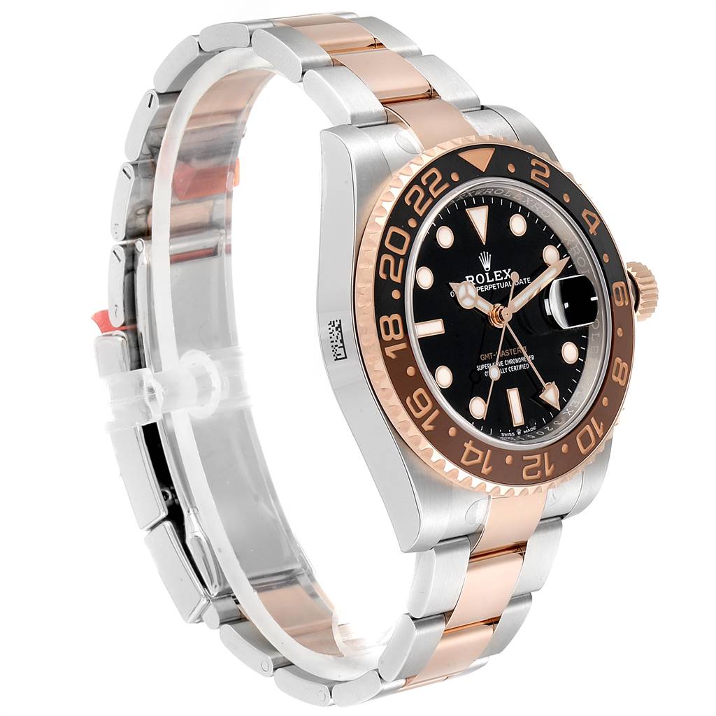 The image shows a side and partial front view of a Rolex GMT-Master 126711 Men's Steel and Gold (two tone) Black Dial 126711 Men's Steel and Gold (two tone) Black Dial watch, highlighting its rose gold and stainless steel bracelet.