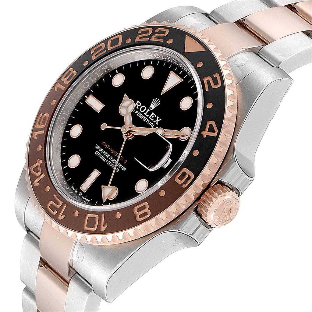 The Rolex GMT-Master 126711 Men's Steel and Gold (two tone) Black Dial 126711 Men's Steel and Gold (two tone) Black Dial watch is shown from an angle highlighting its face, bezel, and part of the bracelet.