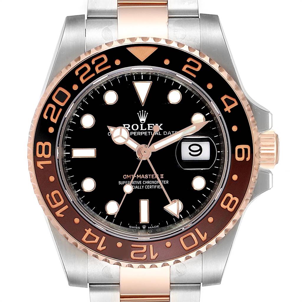 This image shows a frontal view of the Rolex GMT-Master 126711 Men's Steel and Gold (two tone) Black Dial 126711 Men's Steel and Gold (two tone) Black Dial II watch, highlighting its face, bezel, and part of the bracelet.