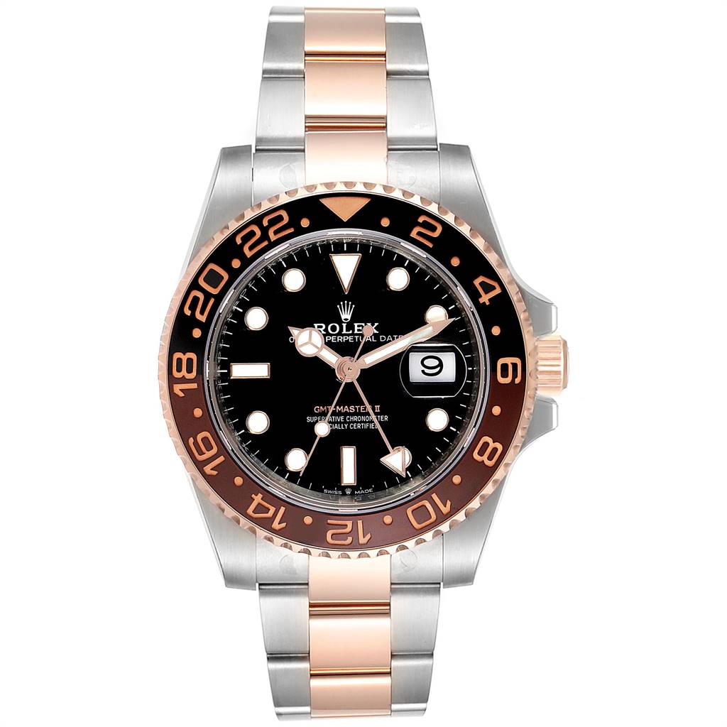This image shows a front view of a Rolex GMT-Master 126711 Men's Steel and Gold (two tone) Black Dial 126711 Men's Steel and Gold (two tone) Black Dial model featuring a two-tone bezel and bracelet.