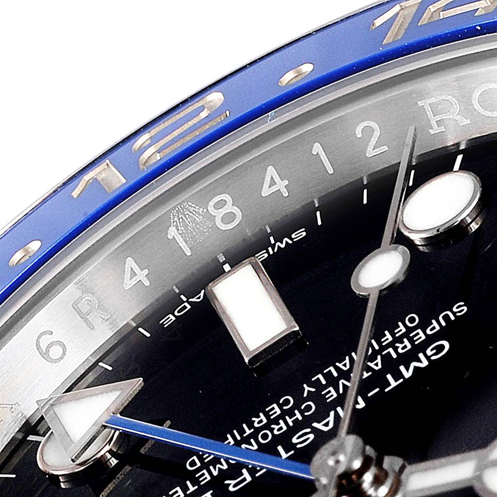 The image shows a close-up of the dial and bezel of a Rolex GMT-Master 116710 Men's Stainless Steel Black Dial 116710 Men's Stainless Steel Black Dial watch, highlighting the hour markers, hands, and partial bezel.