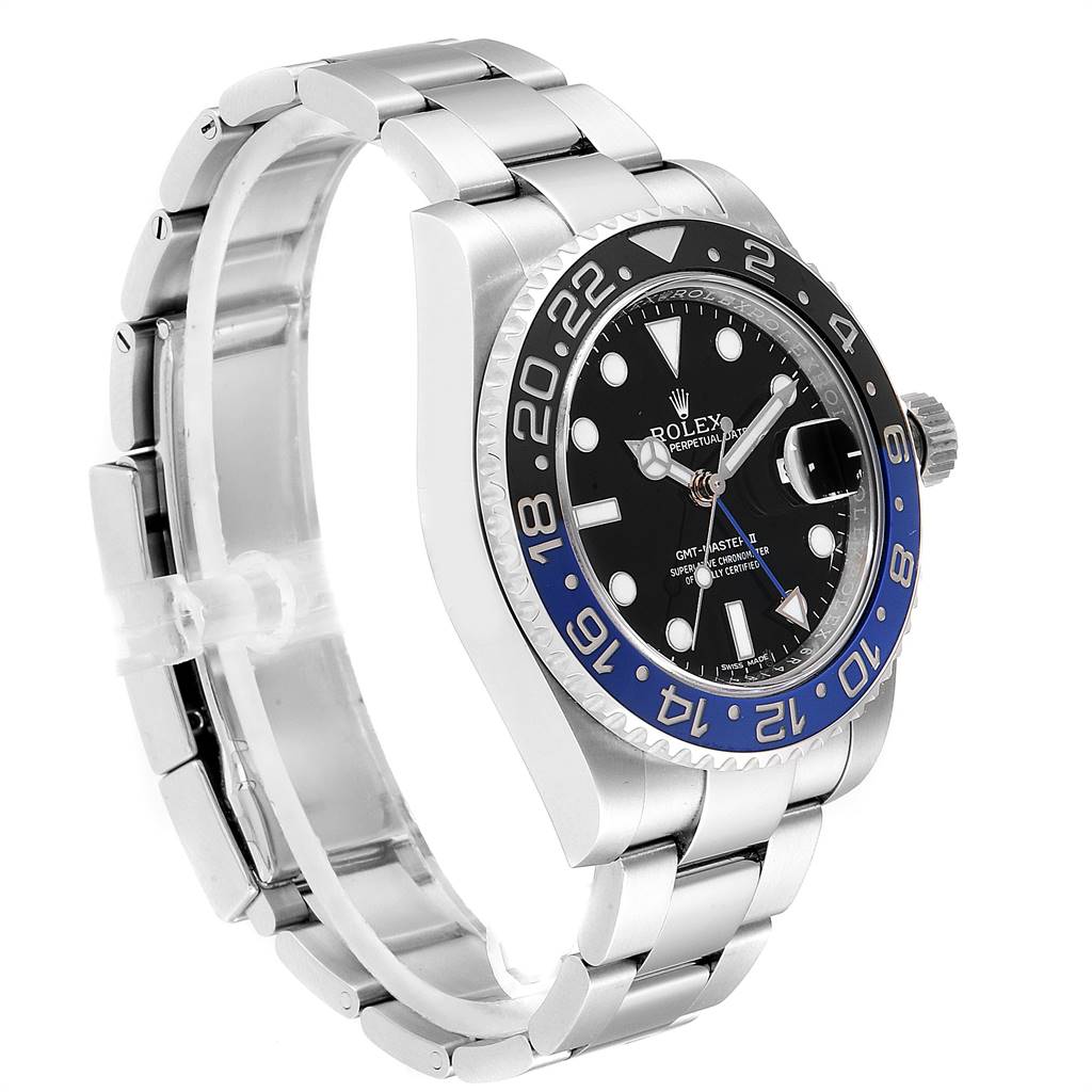 The Rolex GMT-Master 116710 Men's Stainless Steel Black Dial 116710 Men's Stainless Steel Black Dial watch is shown from a three-quarter angle, highlighting its face, bezel, bracelet, and crown.