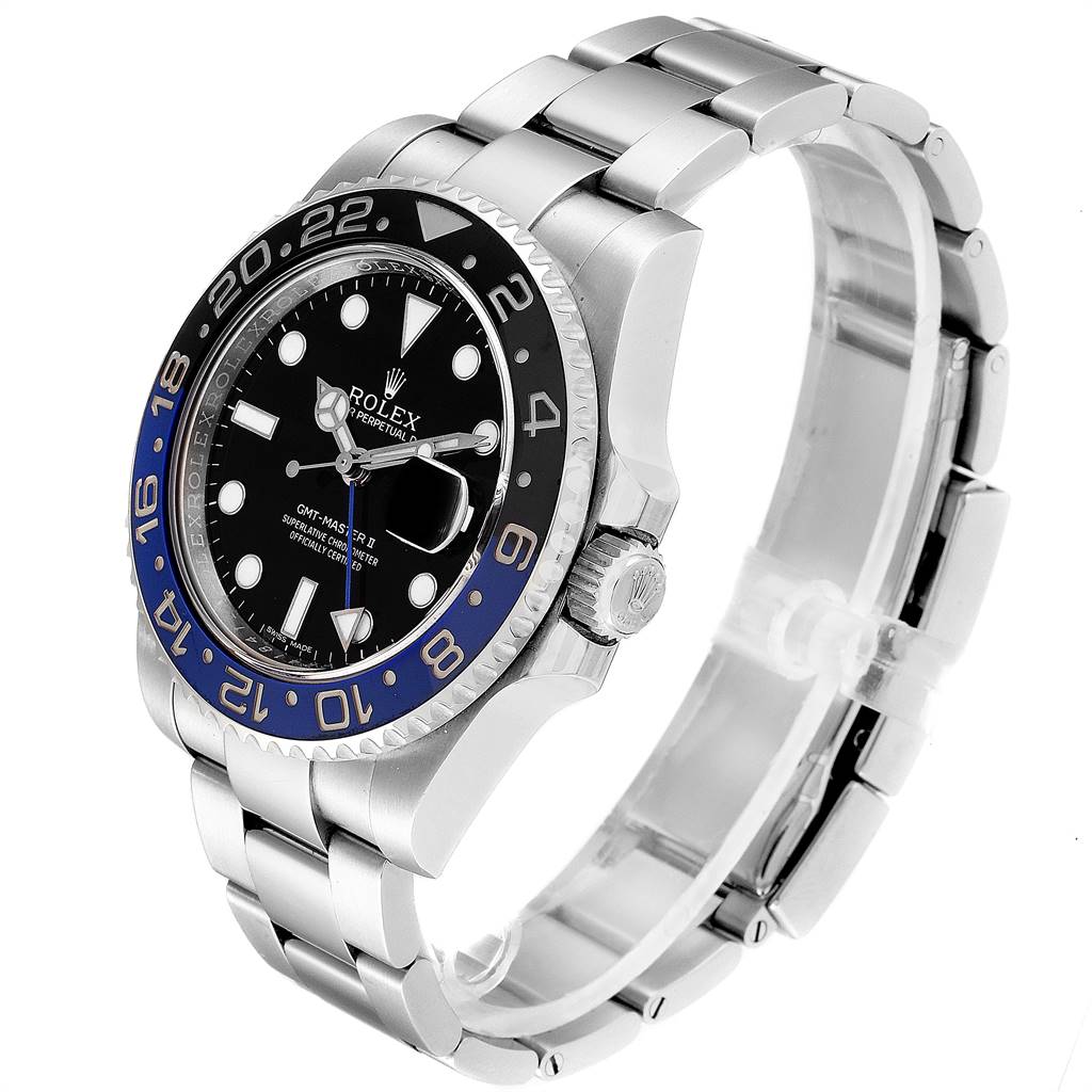 The image shows a Rolex GMT-Master 116710 Men's Stainless Steel Black Dial 116710 Men's Stainless Steel Black Dial watch from an angled view, showcasing the bezel, dial, crown, and bracelet.