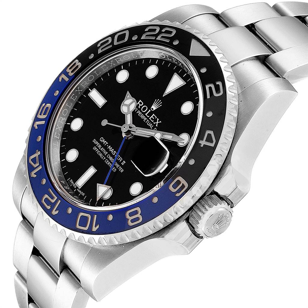 This image shows a side angle of the Rolex GMT-Master 116710 Men's Stainless Steel Black Dial 116710 Men's Stainless Steel Black Dial watch, highlighting the dial, bezel, and bracelet.
