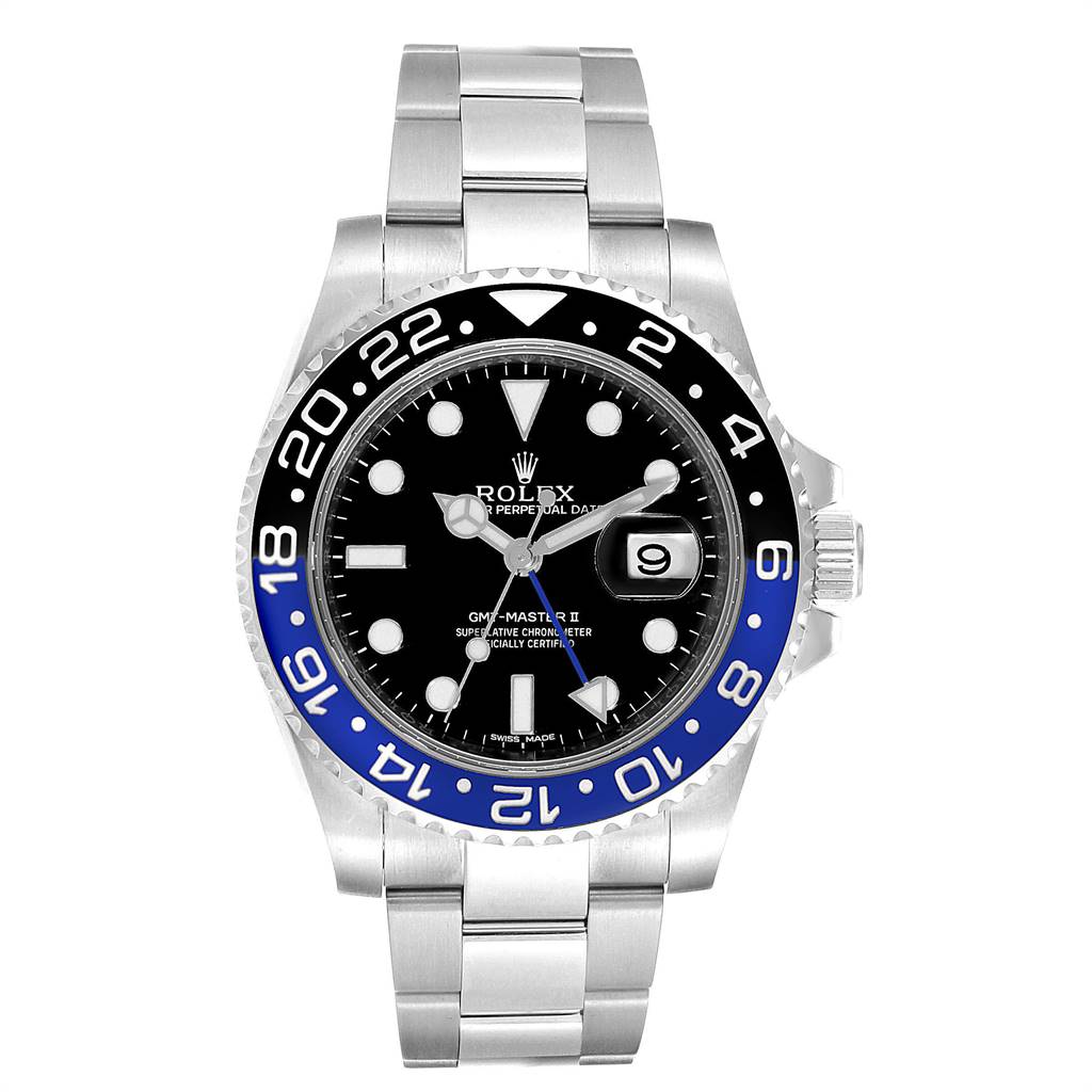 The image shows a front view of the Rolex GMT-Master 116710 Men's Stainless Steel Black Dial 116710 Men's Stainless Steel Black Dial II watch, highlighting the dial, bezel, date window, and bracelet.