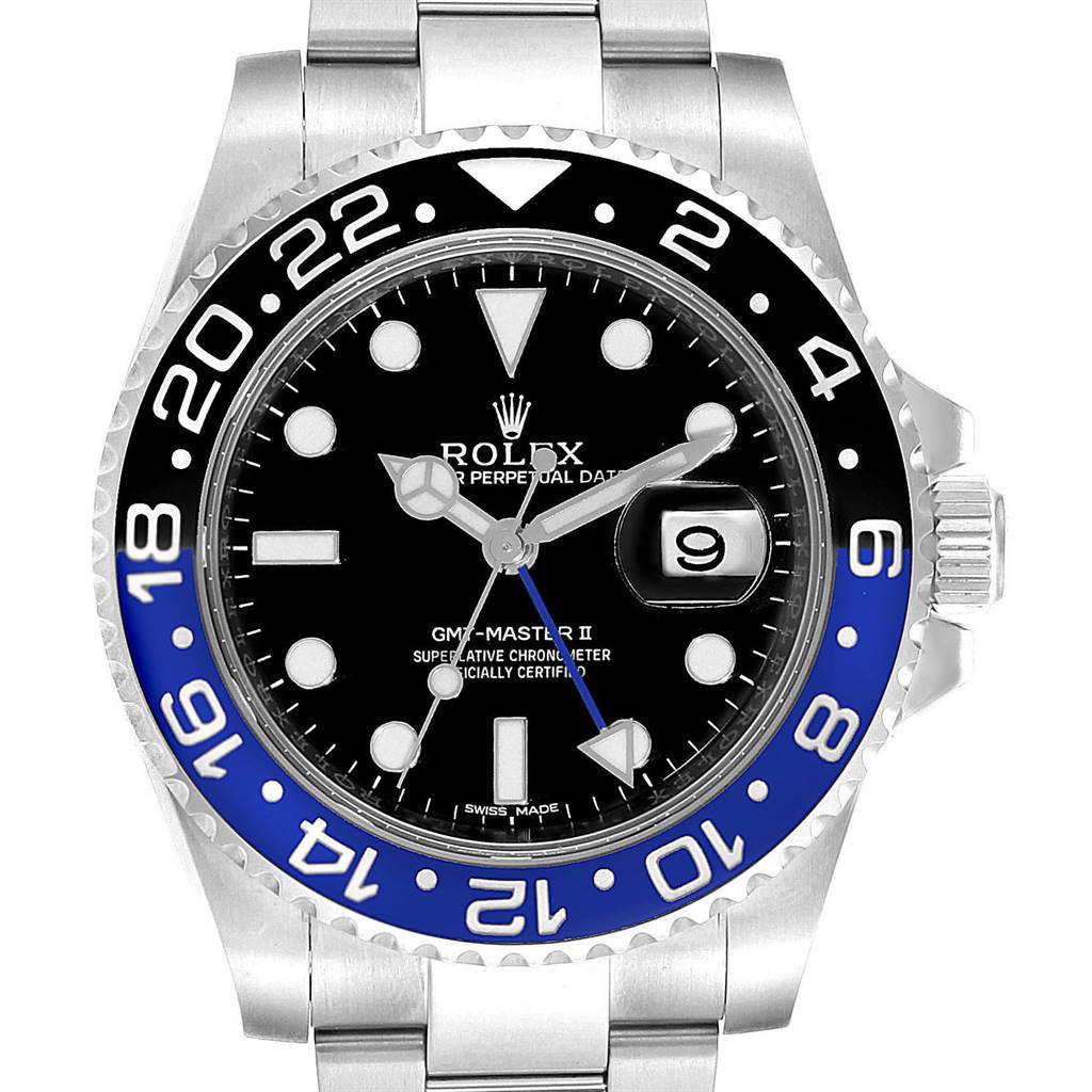 This image shows the front view of a Rolex GMT-Master 116710 Men's Stainless Steel Black Dial 116710 Men's Stainless Steel Black Dial II watch, highlighting the bezel, dial, hands, and date window.