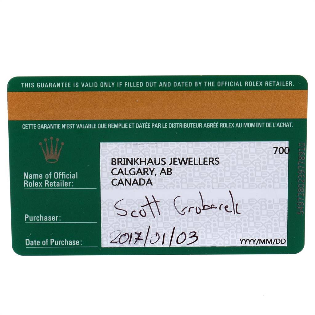 This image shows the guarantee card for the Rolex GMT-Master 116710 Men's Stainless Steel Black Dial 116710 Men's Stainless Steel Black Dial model, displaying retailer, purchaser information, and purchase date.